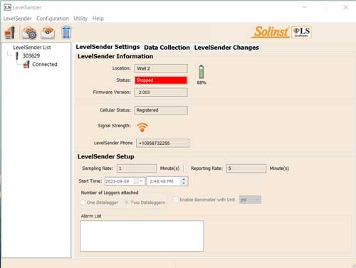 Das Hauptfenster der Solinst LevelSender-Software zeigt die Registerkarte LevelSender-Einstellungen das hauptfenster der solinst levelsender-software zeigt die registerkarte levelsender-einstellungen